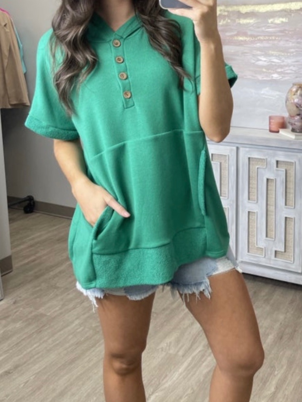 Heimish Short Sleeve Button Up Top with Hood